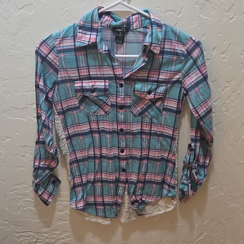3/$10 Rue21 Teal and Pink Plaid Shirt